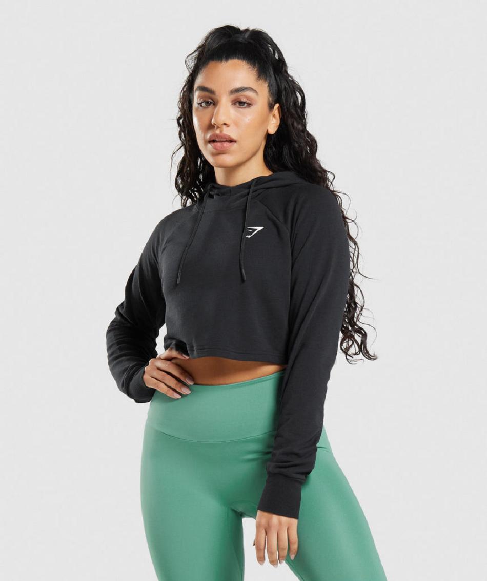 Gymshark Training Cropped Ženske Majica S Kapuljačom Crne | HR 3573BEX